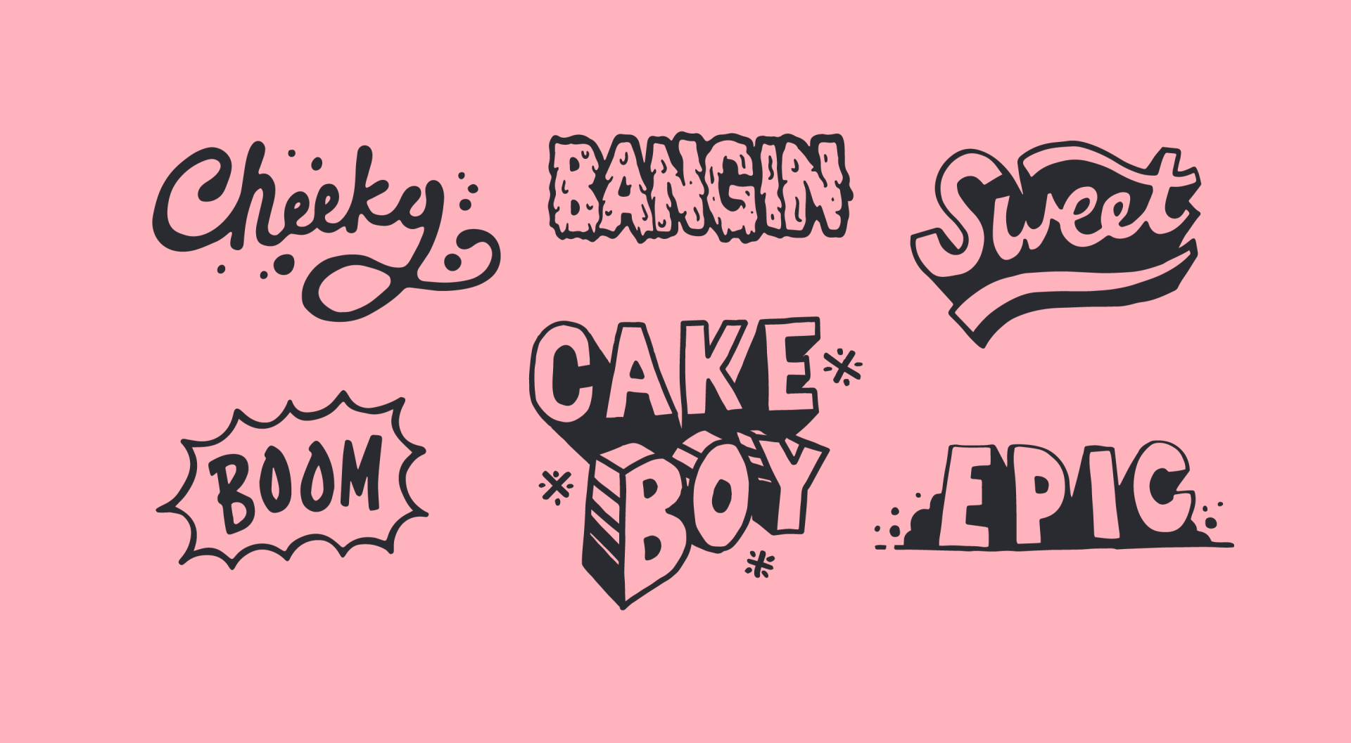 Selection of hand-drawn typography in various styles on a pink background.